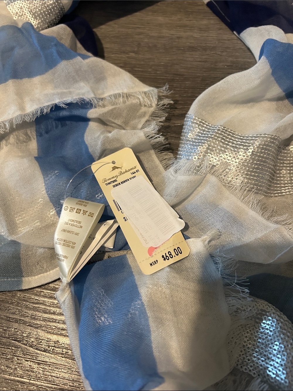 Tommy Bahama Blue and White Striped Scarf with Silver Sequin Detail - Picture 3 of 6